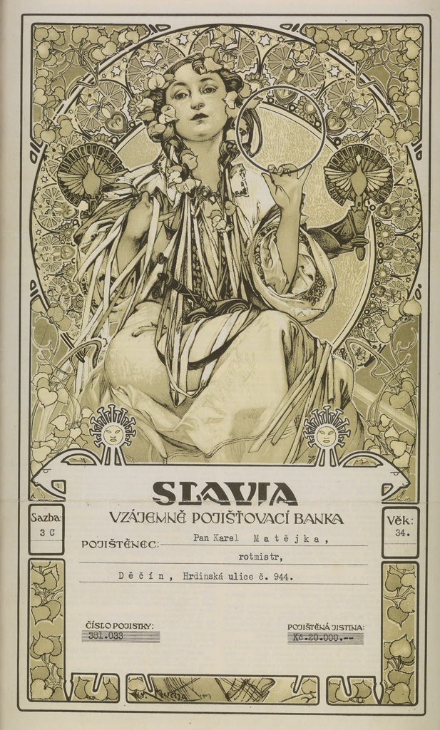 ALPHONSE MUCHA (1860-1939). SLAVIA / [BANK INSURANCE CERTIFICATE.] 1907. 15x9 inches, 38x23 cm.